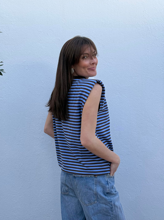 Camiseta Hombreras marrón/celeste