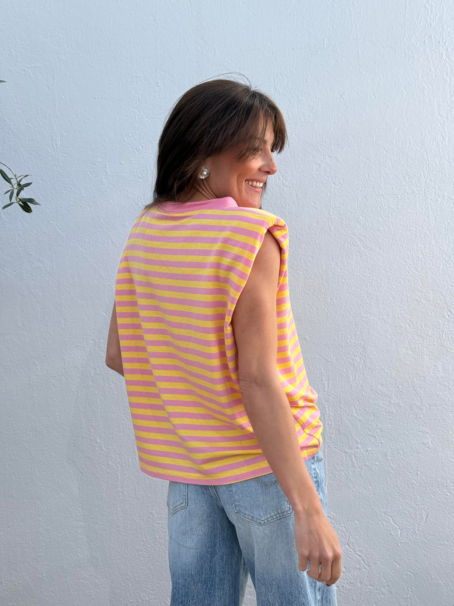 Camiseta Hombreras Rosa/Amarillo