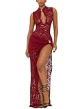 Sukiglam Vestido Largo Mujer Sexy Vestidos de Encaje Transparente Elegante Maxi Vestido sin Mangas con Abertura Alto Diseño Calado Vestidos Ajustado de Fiesta Cóctel Gala Bodas