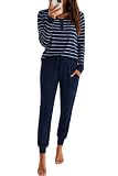 Nieery Pijamas Mujer Invierno Algodón Largo | Conjunto Manga Larga Tops con puños pantalones con puños y bolsillo A-negro L