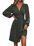 Vestido Mujer Casual Cuello en V Elegante Línea A Manga Larga Verde L | Vestido Manga Larga Mujer Casual Vestido de Manga Farol Primavera Verano Otoño Invierno Para Bodas Fiestas