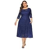 Odizli Vestido de mujer, elegante, con mangas de 3/4, de encaje, para bodas, fiestas, de noche, tallas grandes, azul oscuro, XL