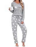 Litherday Pijama Mujer Invierno Algodón 2 Piezas Pijama Largo | Mujer Manga Larga con Cuello en V y Bolsillos Ropa de Dormir con Estampado de Estrella