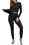 IWOLLENCE Conjunto de ropa interior térmica para mujer, camisetas térmicas y leggings de invierno, capa base, forro polar acanalado, pijamas térmicos para mujer, ropa térmica, Negro, L