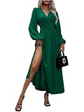 LUVCES Vestido Mujer Elegante Plisado Cuello en V Vestido Cintura Alta Manga Larga Dividido Vestido Largo Causal Otoño Invierno Vestidos de Cóctel Fiesta Verde XL