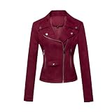 ANUFER Mujeres Piel Sintética de Gamuza Chaqueta Motera Fresco Cremallera Cruzada Abrigo Corto SD5A1212 Borgoña XS