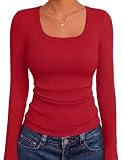 Aottori Top Mujer Manga Larga Cuello en U Ajustado Básico Rojo M | Camiseta Casual, Shirt Style, Tejido Acanalado, Escote Abierto, Corte Ceñido, Look Moderno, Outfit Diario, Temporada Media