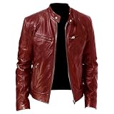 Chaqueta de cuero para hombre, cuello alto, ligera, con cremallera, cuello alto, chaqueta de piel sintética para hombre, granate, XL
