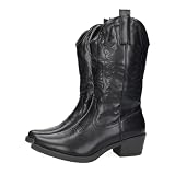 ZAPATOP U8A-AX8320-2 Botas Cowboy Mujer Diseño Bordado Imitación Piel Botas con Cremallera Tacón 5 cm Moda Viejo Oeste, Calzado Cowboy Mujer Botines Negro 38
