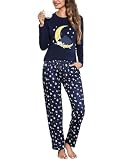 Aseniza Conjunto de Pijama Mujer Largo Ropa de dormir Azul Oscuro L | Nightwear con camiseta larga y pantalón completo provisto de bolsillos para descanso diario y momentos tranquilos en casa