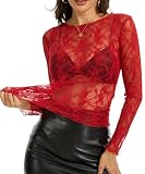 Eisnnu Camiseta de Manga Larga de Encaje para Mujer Encaje Transparente Top de Malla para Fiestas (FR/ES, Letras, L, Regular, Regular, Rojo)