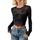 EMOTTOS Camiseta Transparente Mujer, Sexy Spider Web Patrón Top de Rejilla para Mujer Manga Larga Sheer Tops T-Shirt Stretchy, Stringy Selvedge Blusa de Manga Larga para Fiesta Clubwear, Negro, S