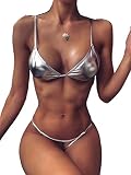 Loalirando Conjunto de bikini sexy de 2 piezas para mujer, conjunto de micro bikini de verano para mujer, bañador con vendaje, sujetador halter, lazo lateral, tanga, traje de playa, bañador, plata, L