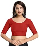 TRENDMALLS Blusa Choli de Mujer de Algodón Puro Dobby Elástico Estrechable Lista para Usar, Blusa de Sarí con Cuello Redondo y Mangas a la Altura del Codo, Elegante Blusa de Sarí Lista para Usar, Rojo