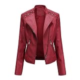 YYNUDA Chaqueta motera para mujer, de piel sintética y estilo vintage, rojo, L