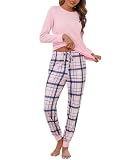Bresdk Pijama Mujer Algodón Invierno Dos Piezas Manga Larga con Bolsillos | Cintura ajustable con cordón, puños elásticos, tejido suave y transpirable, conjunto para casa