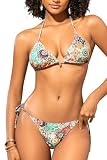 SHEKINI Traje de baño brasileño de Dos Piezas para Mujer Conjunto de Bikini triángulo Halter Traje de baño con Lazo Lateral（XL，Flores clásicas）