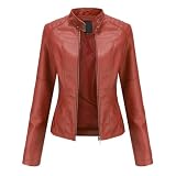 YYNUDA Chaqueta de piel sintética para mujer, hombres, aviador, moto, piel sintética, con cremallera, cálida y casual Rojo XL