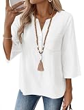 iWoo Blusa de algodón y lino para mujer, cuello en V, manga 3/4, holgada | Atuendos informales holgados, blusas elegantes, tops de otoño de tendencia y moda para mujer para el inicio de la temporada