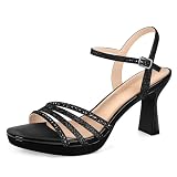 PIZZ ANNU Lena Sandalias Plataforma Mujer Verano Comodas con Hebilla Ajustable, Zapatos Fiesta Tacones Boda de Vestir Tiras Moda, Punta Abierta con Brillantes Negro EU 40