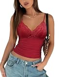 Avidlove Camiseta Mujer Tops Sexy Encaje Elegante Tank Top Rojo S | Cuello V, Corte Ajustado, Estilo Casual, para Uso Casual, Diseño Versátil, Lencero Informal Encaje Blusas
