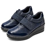 CLEIKS Zapatos Mocasín Mujer Zapato Cuña Elegante Calzado Casual Moderno con Cierre de Correa (Azul Oscuro, 36 EU, CWCL265158-3)