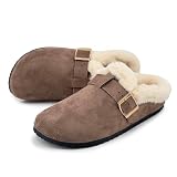 JOMIX Zapatillas Casa Mujer Invierno Zuecos Forrados Peluche Cálidas en Gamuza Siintética Clogs Hebilla Ajustable Pantuflas Suela Antideslizante Mules Cómodos para Interior MCT255274 Caqui 39