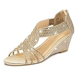 PIZZ ANNU Sandalias Mujer Verano Cuña Elegantes Cómodas 37 EU Oro | Tiras con pedrería, puntera abierta, talón cerrado, cremallera trasera y plantilla memory foam, para bodas y fiestas