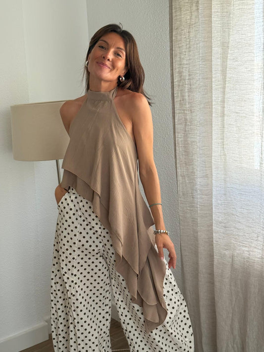 Camisa cuello halter Volante Marrón