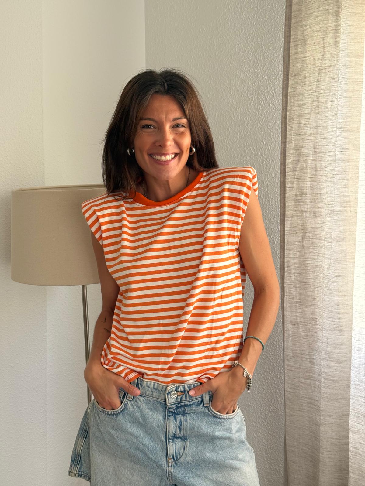 Camiseta Hombreras A Rayas Naranja