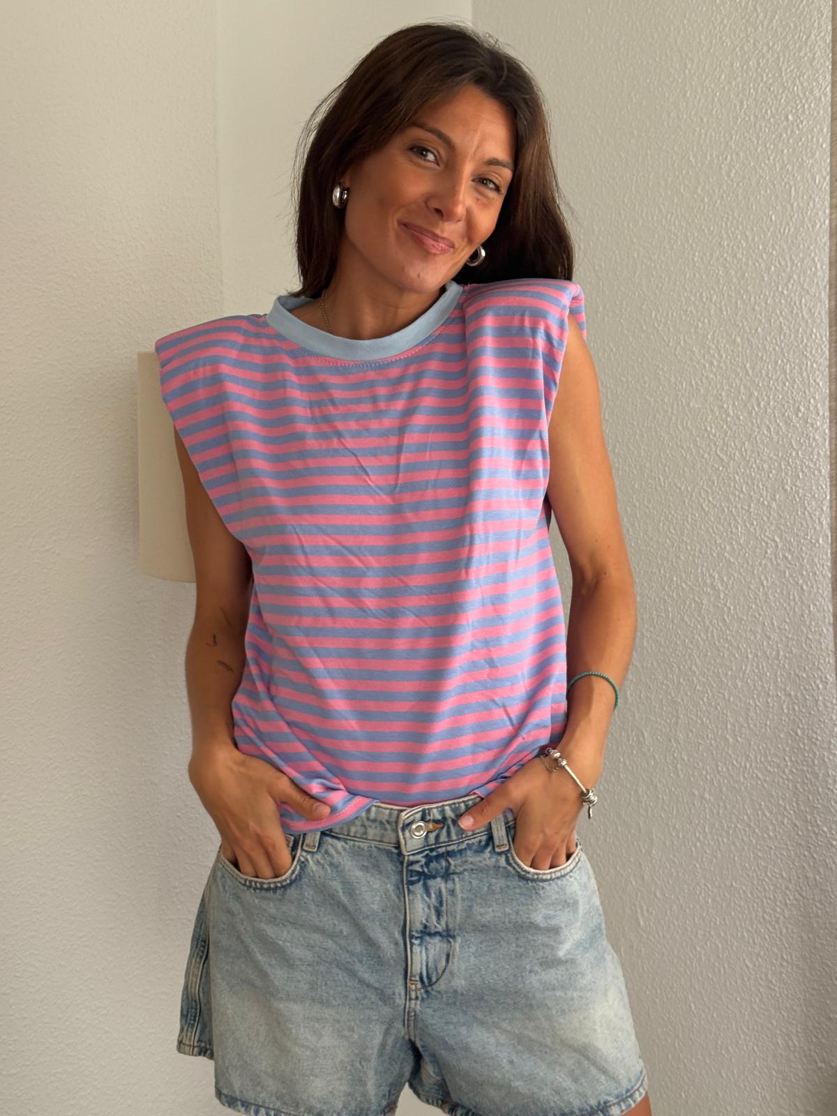 Camiseta Hombreras A Rayas Rosa