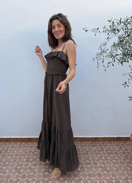 Vestido Largo Chocolate Volante