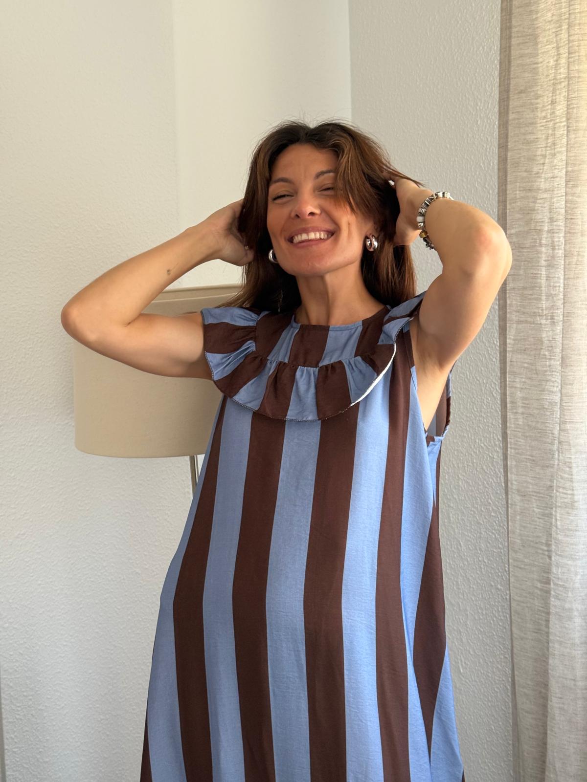 Vestido Azul Rayas Volante