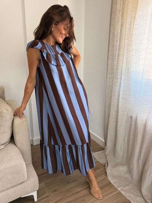 Vestido Azul Rayas Volante
