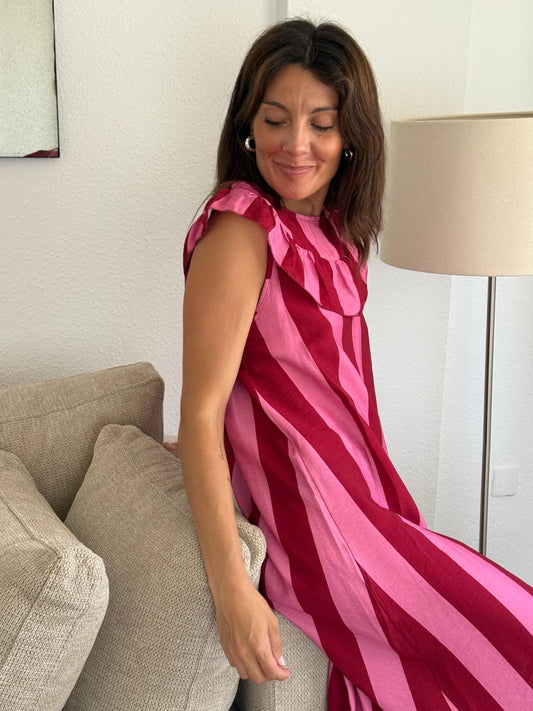 Vestido Fucsia Rayas Volante