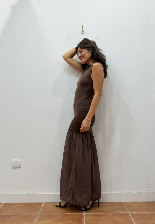 Vestido Combinado Marrón