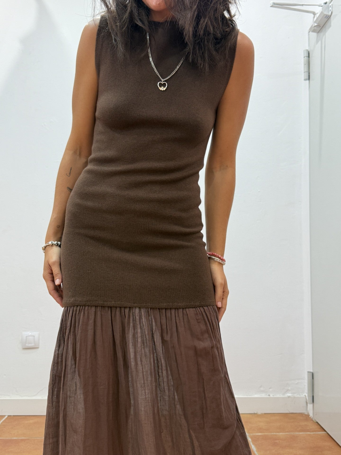 Vestido Combinado Marrón