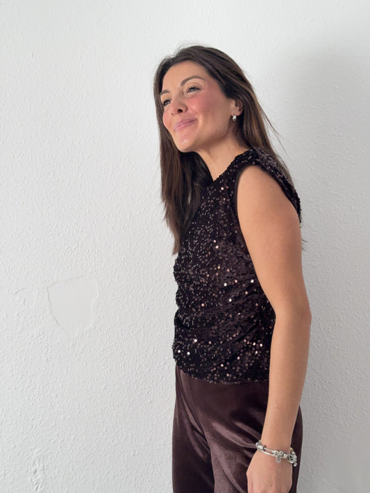 Top Lentejuelas Terciopelo Chocolate