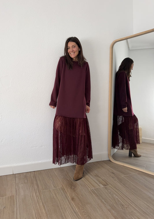 Vestido combinado Granate