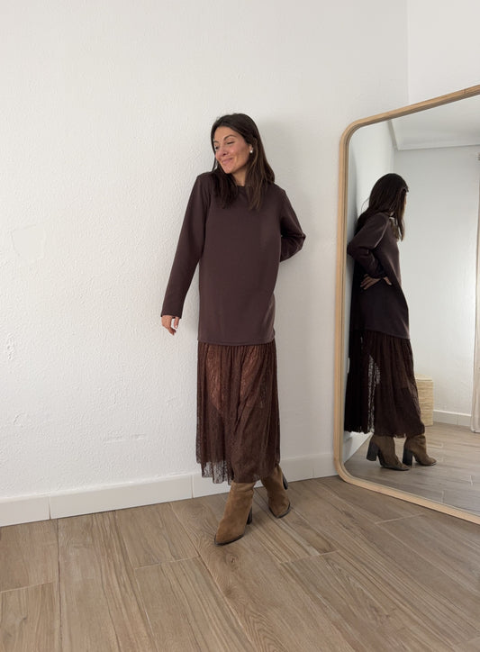 Vestido combinado Marrón