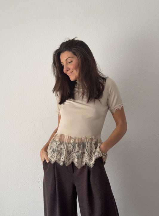 Camiseta Puntilla Crema manga corta