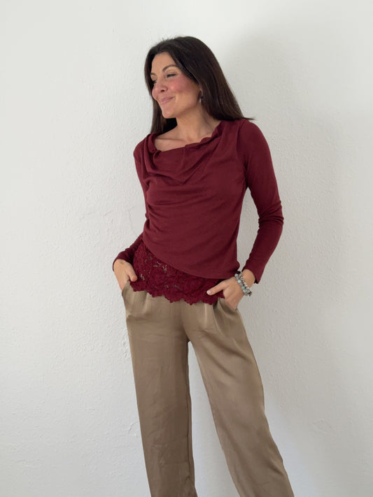 Camiseta manga larga puntilla Granate