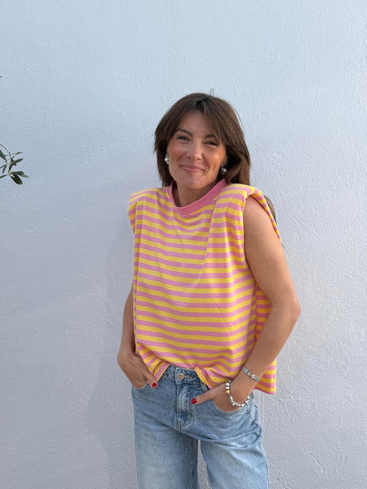 Camiseta Hombreras Rosa/Amarillo